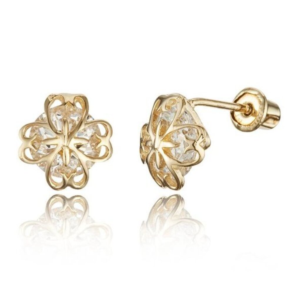 14k Yellow Gold Clover Flower CZ Children Screw back Baby Girls Earrings